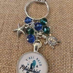 Mermaid Charm Keychain with Blue and Green Beads